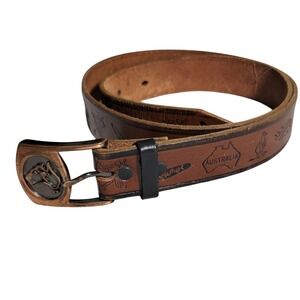 Australian Tooled Leather Belt Brown Copper Tone Buckle Sz 30 Boomerang Cangaroo
